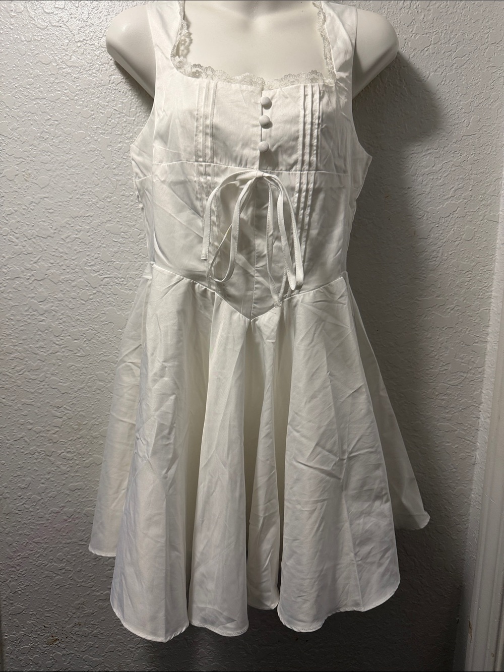 White Lace-Trim Mini Dress with Tie Waist